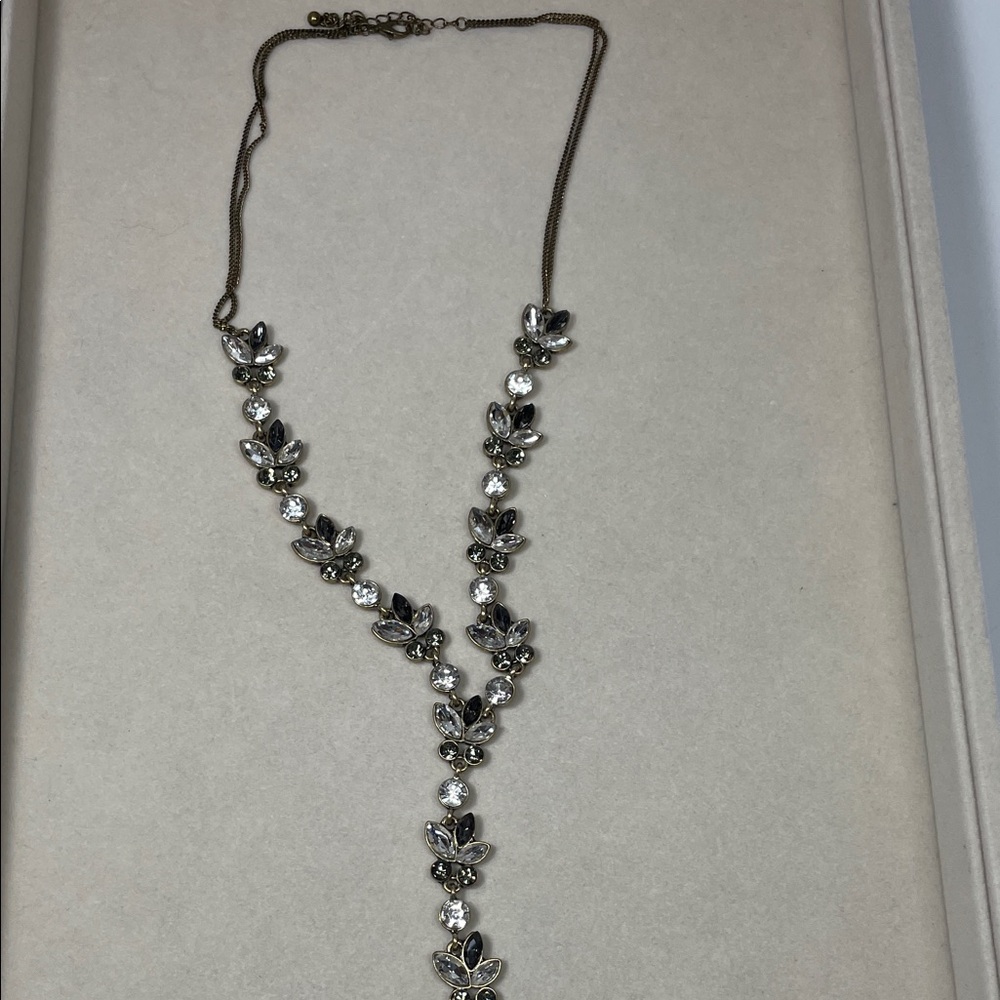 Floral Necklace with Antiqued Gold Grey Brown Rhinestone Accents